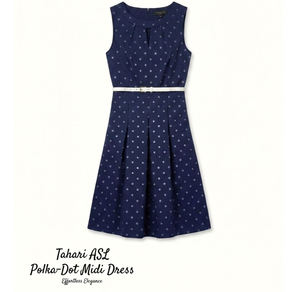 Tahari ASL Navy Blue Polka Dot Midi Dress 8 | Dark Academia | Clean Girl | Retro